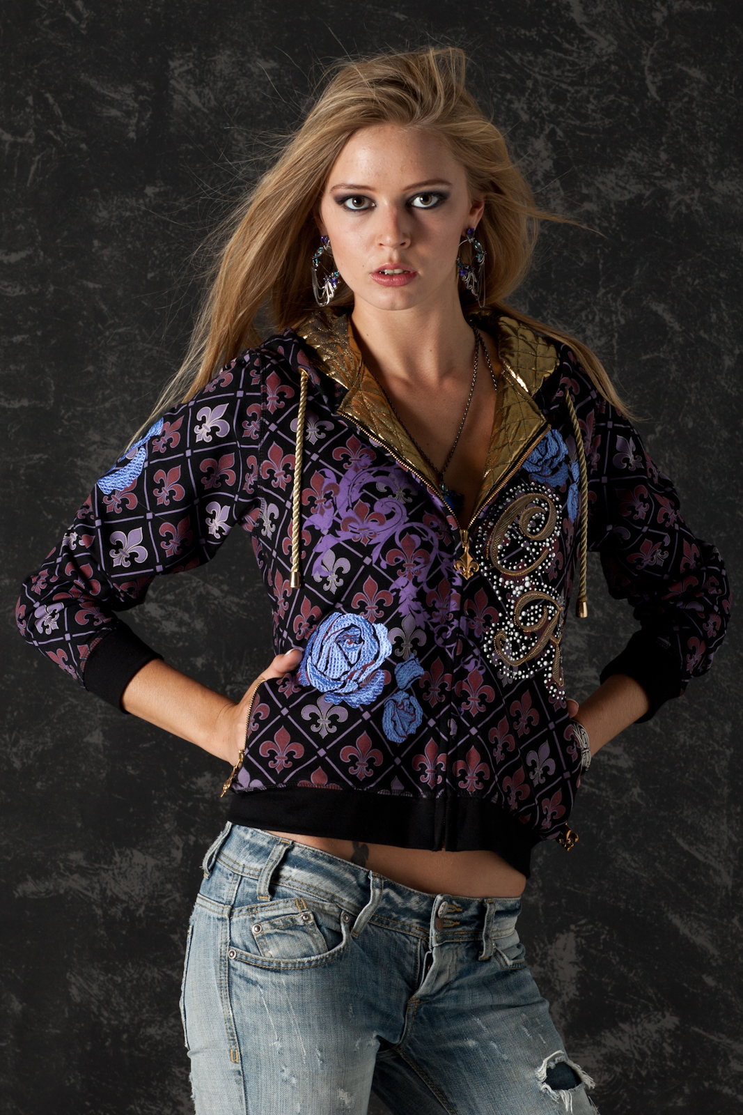Complete CK Blue Roses hoodie showing its ornament, embroidery, crystal detailing and hardware